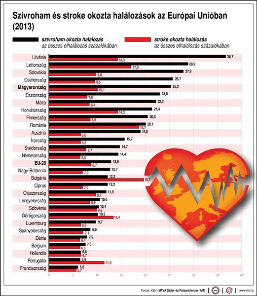 Szívroham és stroke okozta halálozások az Európai Unióban (2013)
